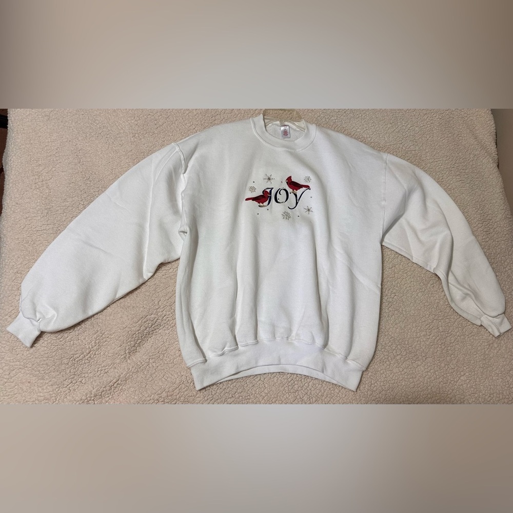 Vintage Wish for Joy white Sweatshirt embroidered  embellished Cardinal Design